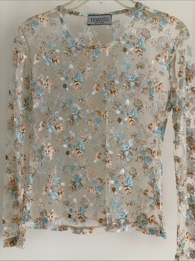 Tessuto Milano Sheer Floral Long-Sleeve Top in Cream & Blue